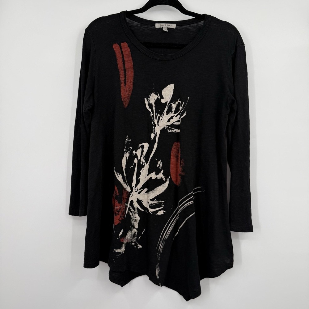 Jess & Jane Top Shirt Tunic Womens S Black‎ Floral Lightweight Relaxed Jersey